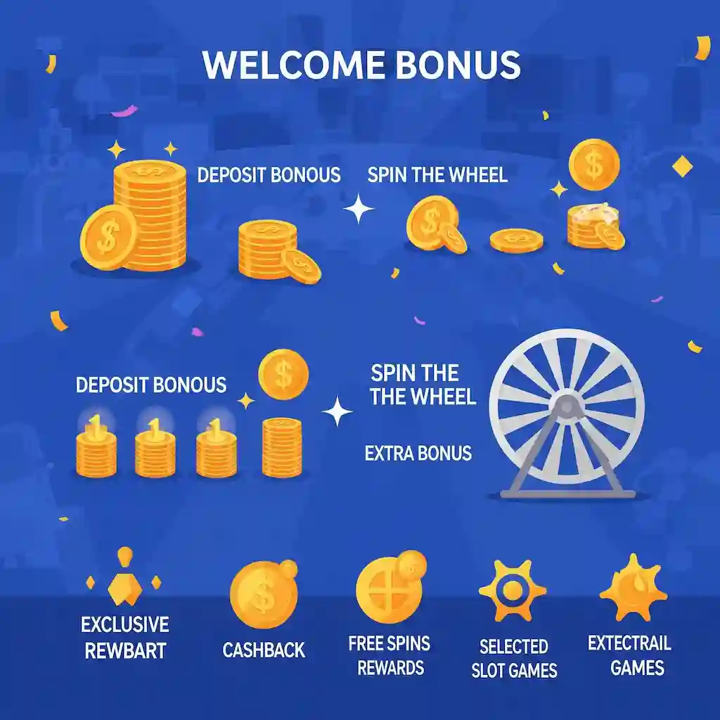 Welcome Bonus com vários tipos de bônus incluindo Deposit Bonus, Spin the Wheel, Cashback e Free Spins