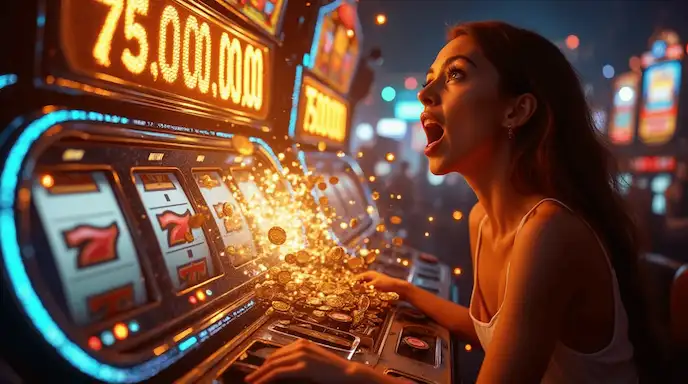 Mulher jogando em máquina caça-níqueis com jackpot de 75 milhões e efeitos dourados
