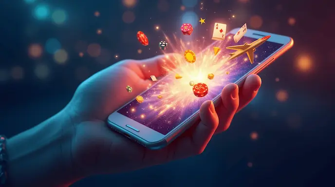 Mão segurando smartphone com elementos de cassino saindo da tela